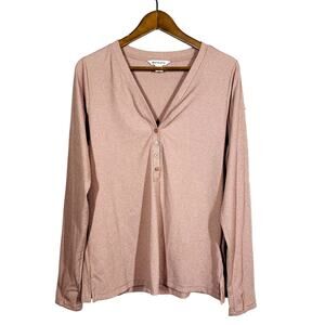 Athleta Micro Ribbed V NEck Henley Pullover Top Shirt Long Sleeve Dusty Rose- XL